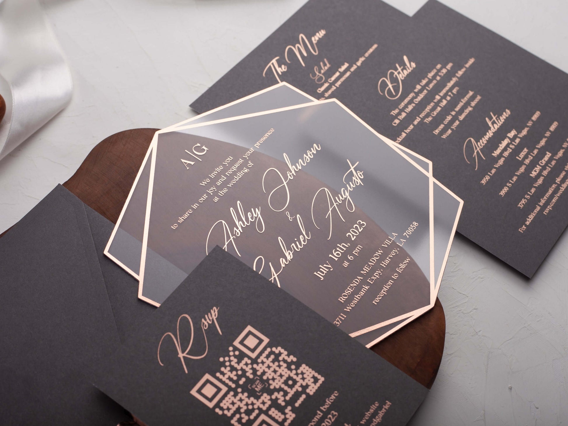 Rose Gold Printed Acrylic Wedding Invitations | Gray Envelope