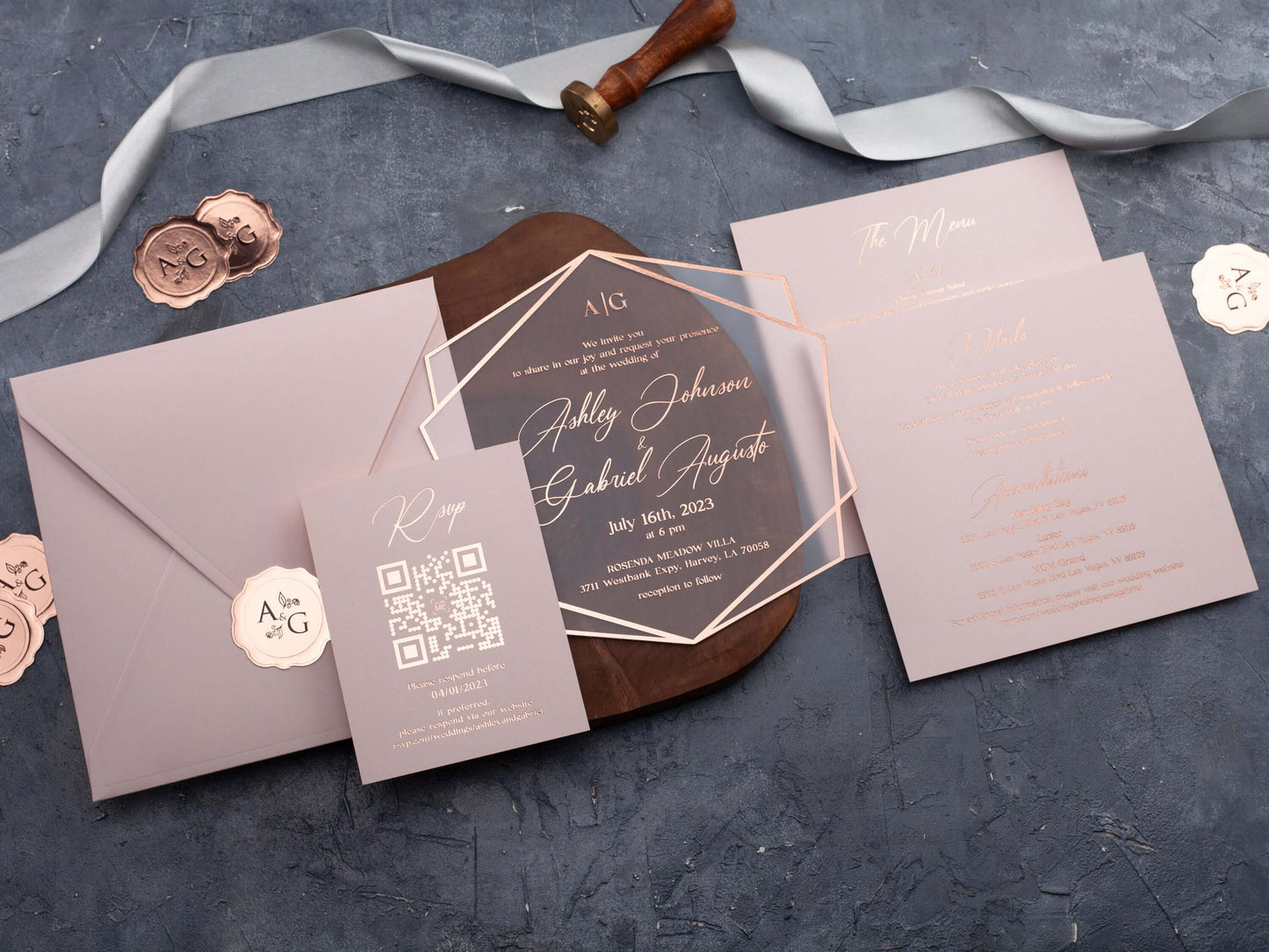 Blush Pink Acrylic Wedding Invitations with Rose Gold Foil Printing