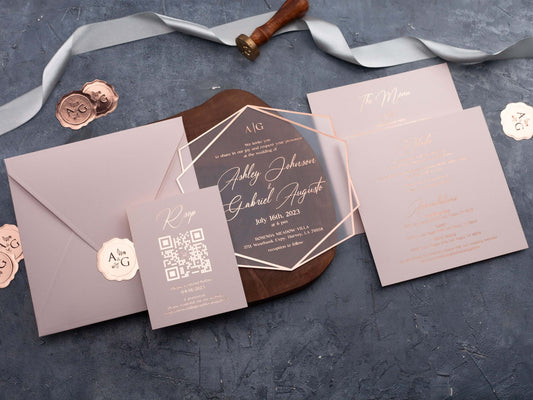 Blush Pink Acrylic Wedding Invitations with Rose Gold Foil Printing