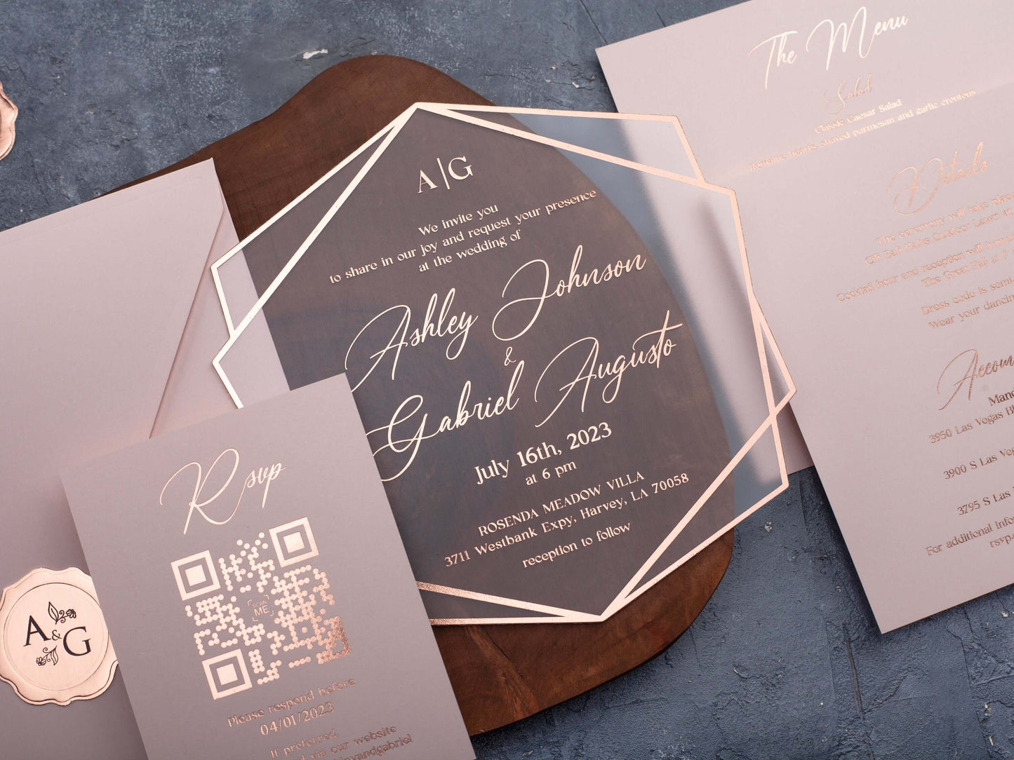 Blush Pink Acrylic Wedding Invitations with Rose Gold Foil Printing