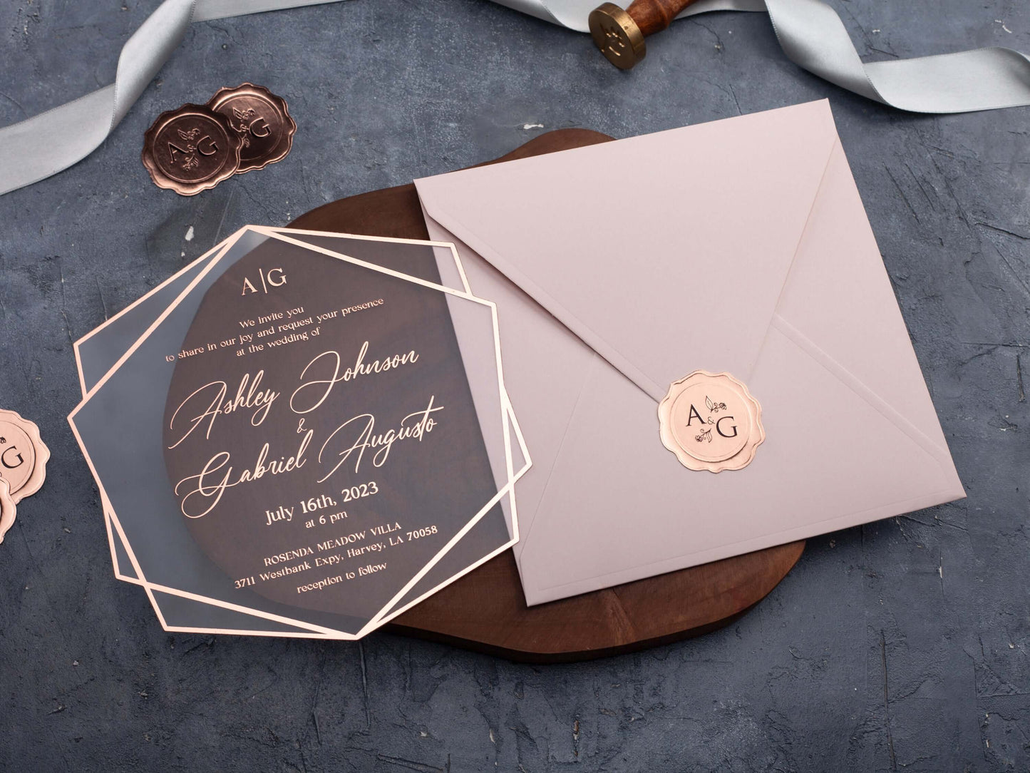 Blush Pink Acrylic Wedding Invitations with Rose Gold Foil Printing