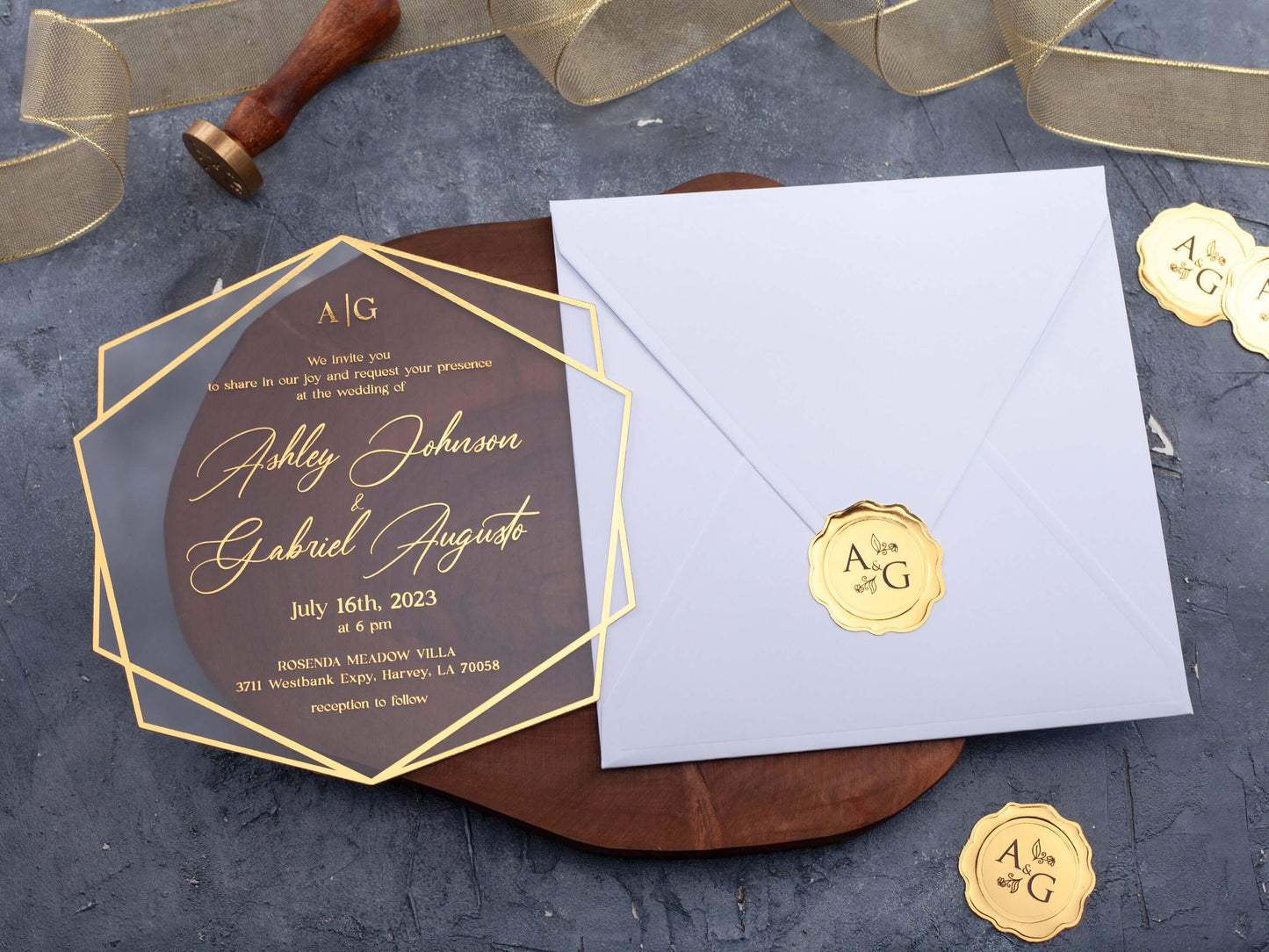White Acrylic Wedding Invitations with Gold Foil Printing