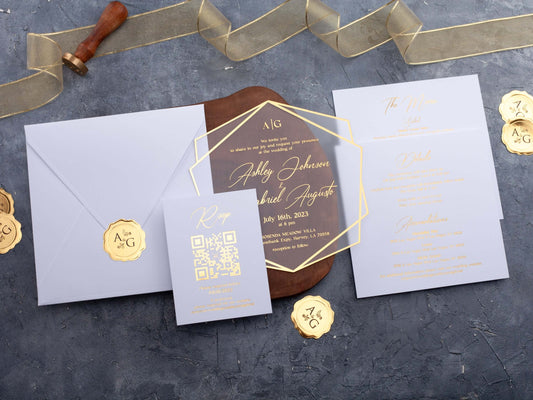 White Acrylic Wedding Invitations with Gold Foil Printing
