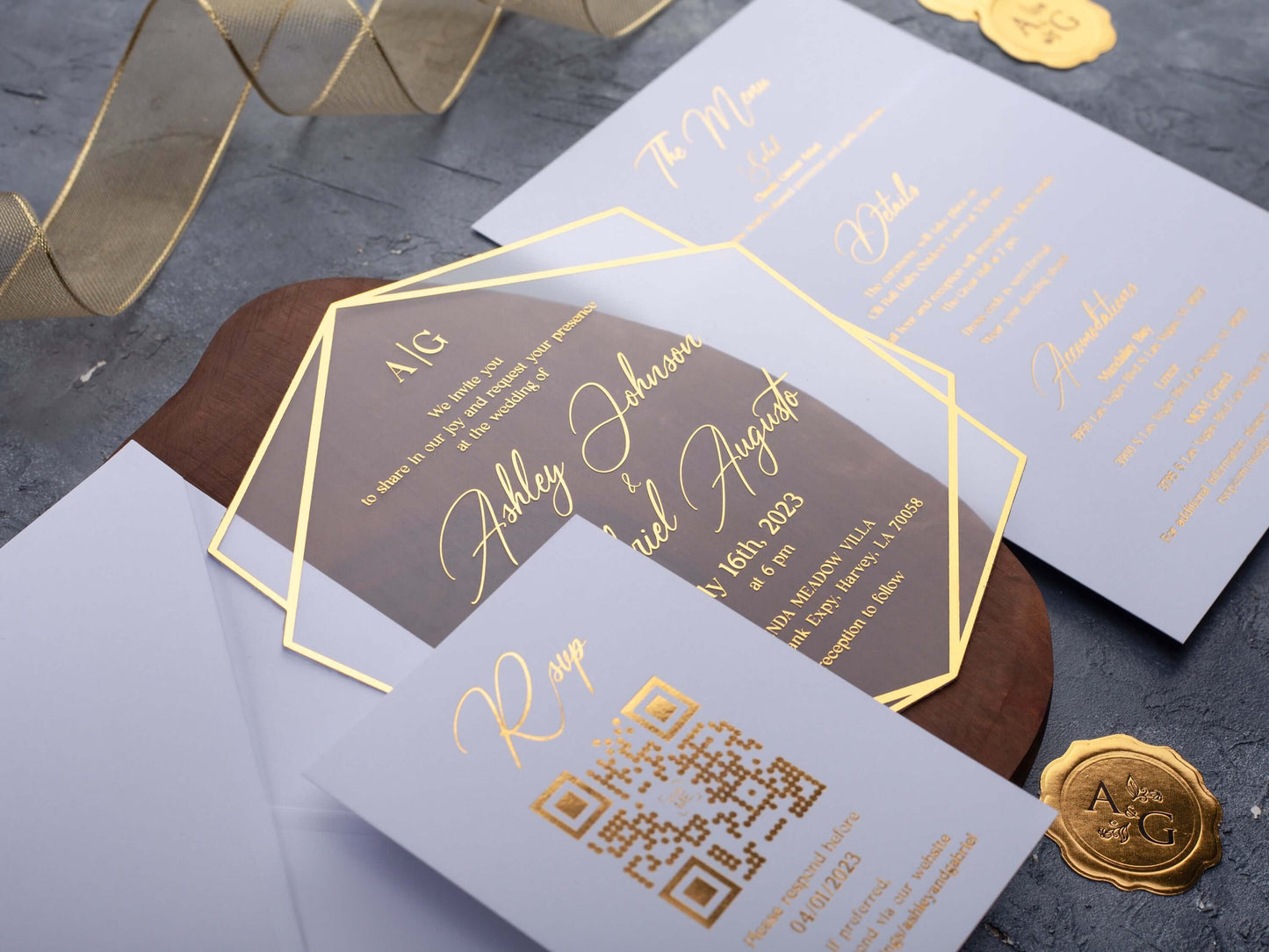 White Acrylic Wedding Invitations with Gold Foil Printing