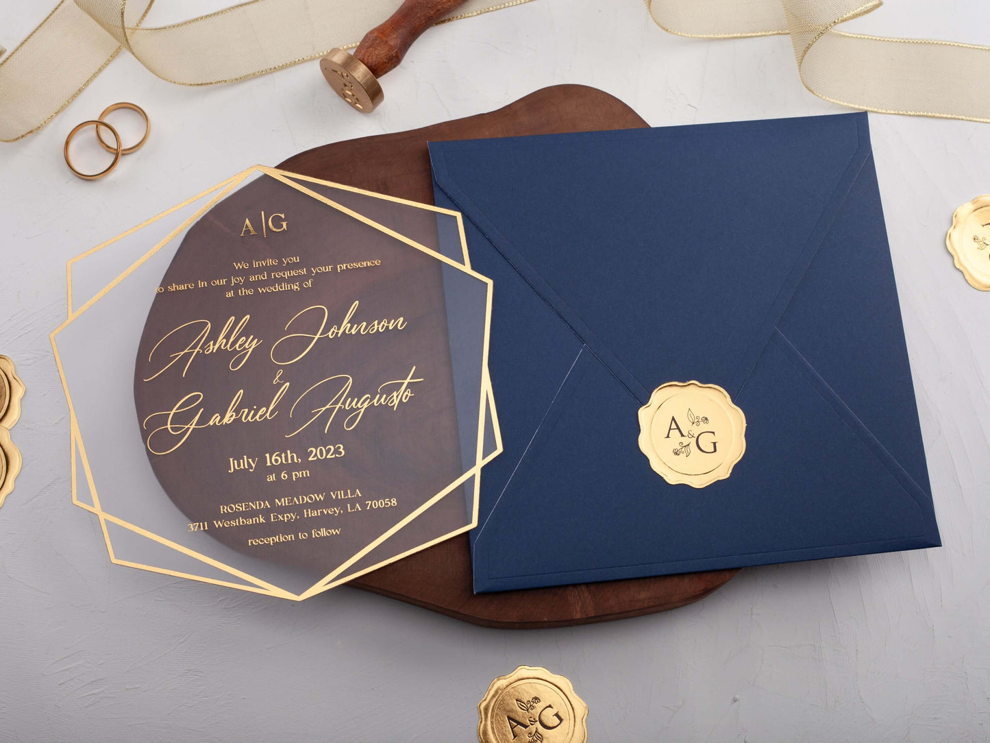Navy Blue Acrylic Wedding Invitations with Gold Foil Printing