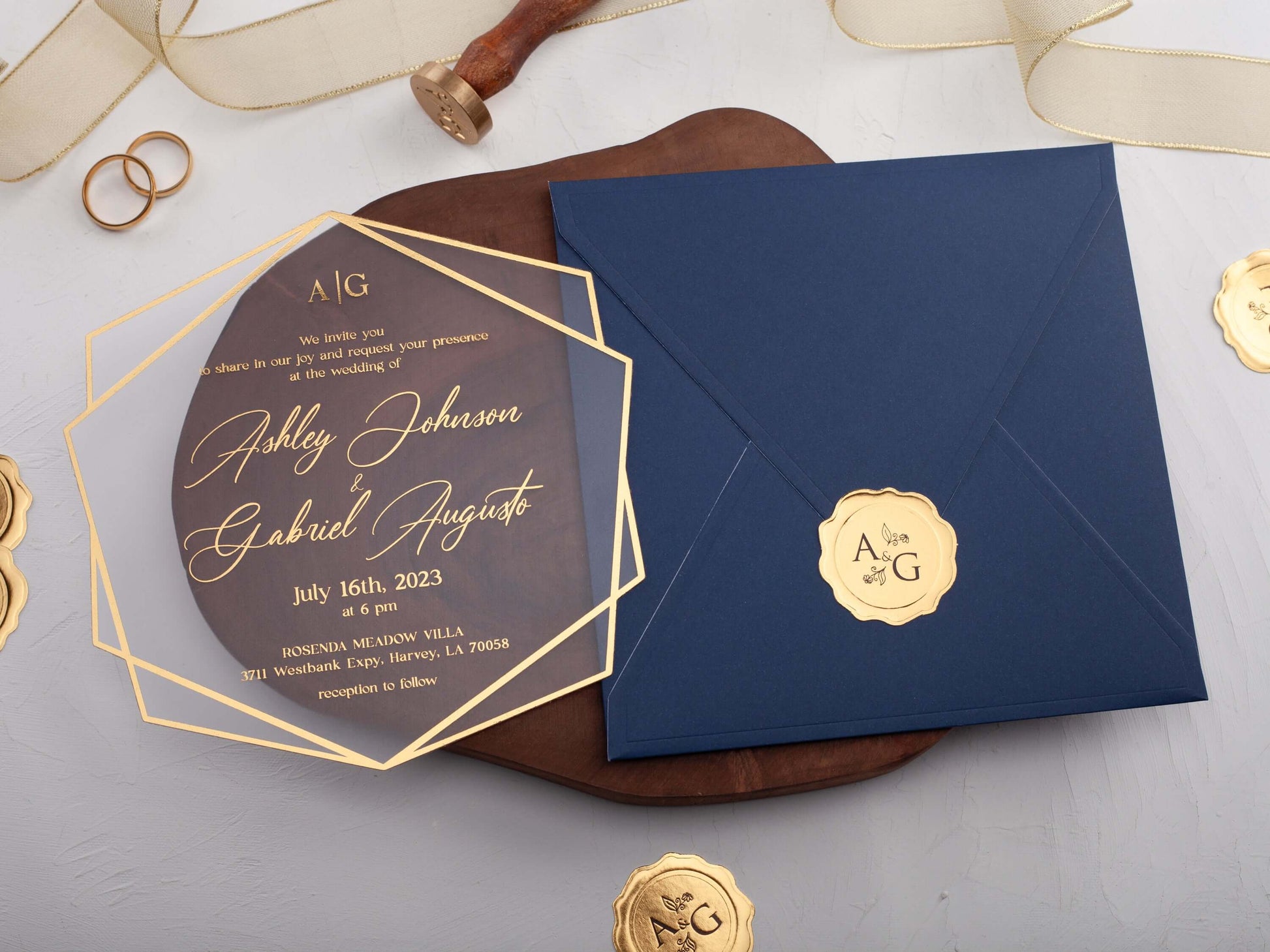 Navy Blue Acrylic Wedding Invitations with Gold Foil Printing