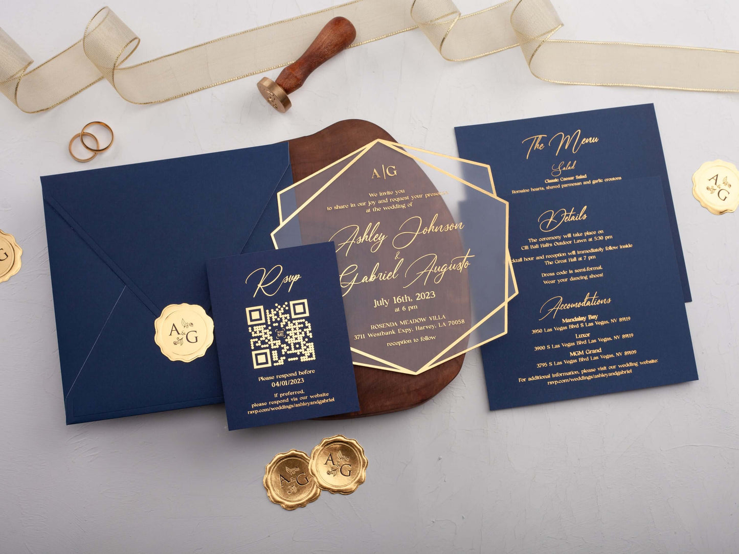 Navy Blue Acrylic Wedding Invitations with Gold Foil Printing
