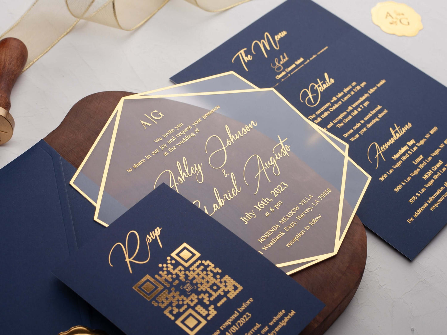 Navy Blue Acrylic Wedding Invitations with Gold Foil Printing