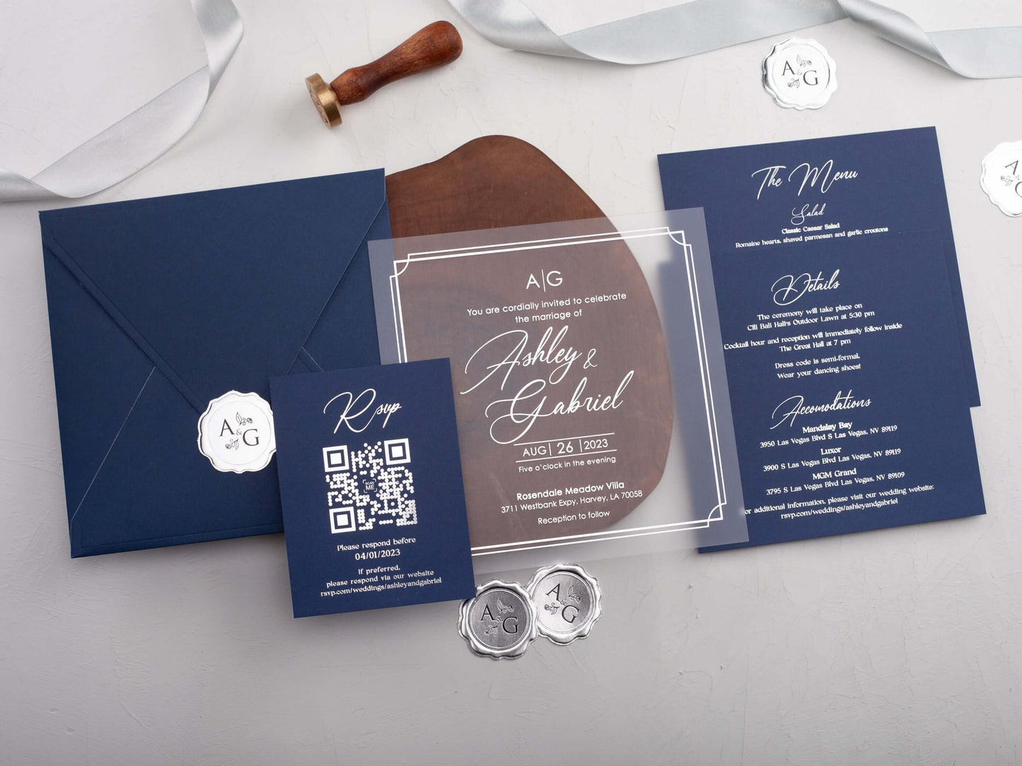 Navy Blue Foiled Acrylic Wedding Invitations