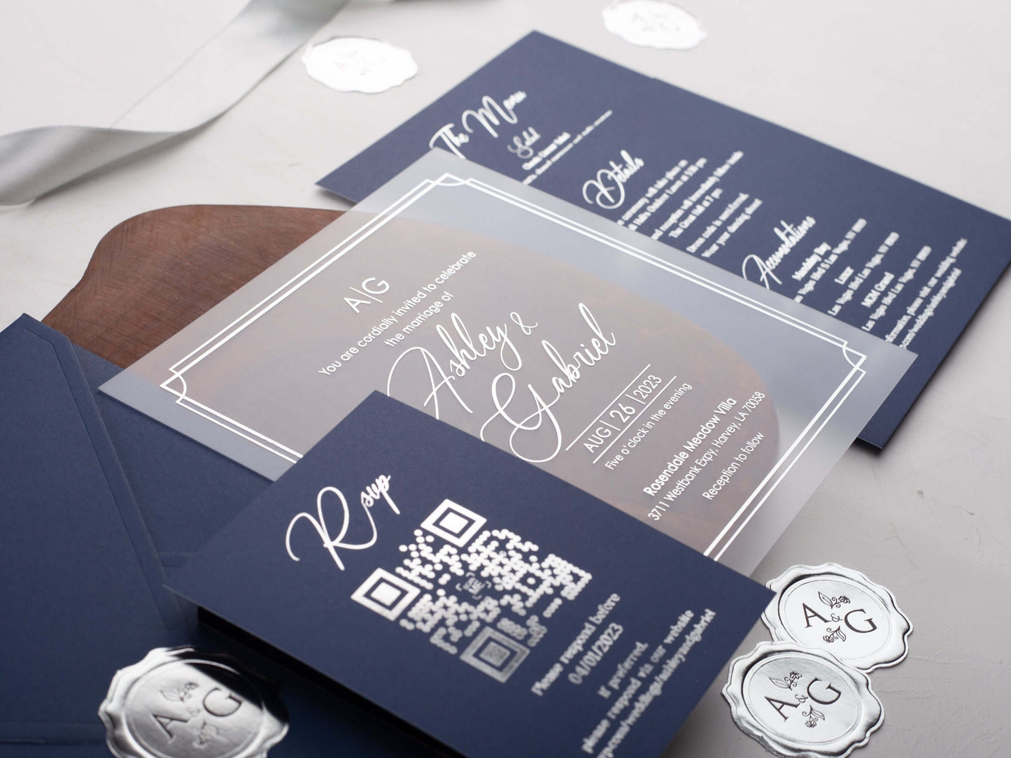 Navy Blue Foiled Acrylic Wedding Invitations