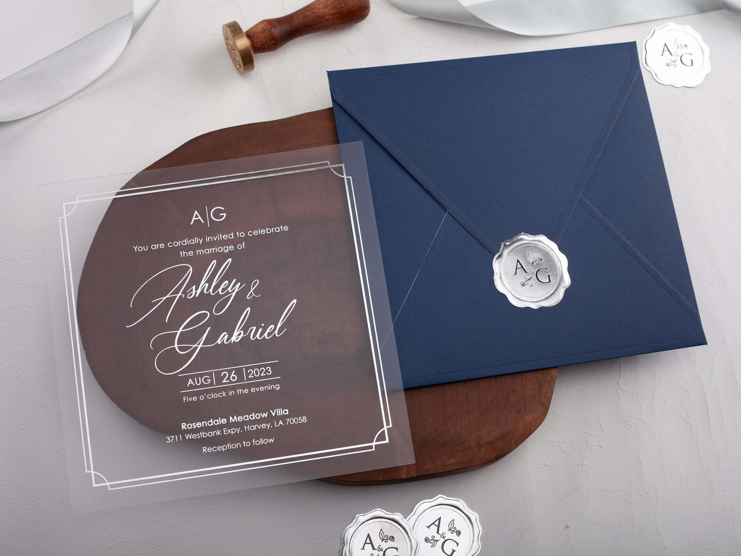 Navy Blue Foiled Acrylic Wedding Invitations