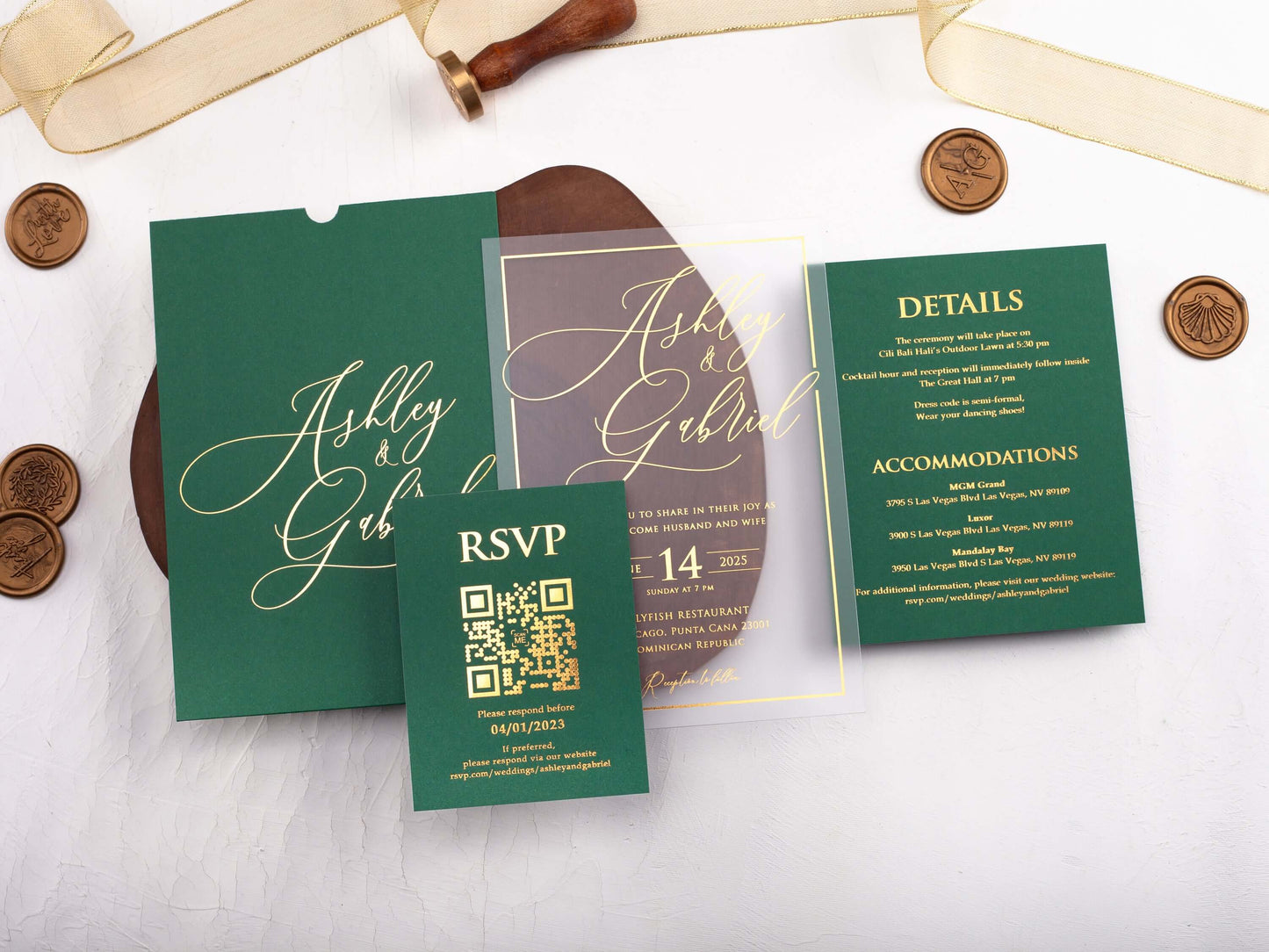 Emerald Green Acrylic Wedding Invitation with Gold Foil Printed