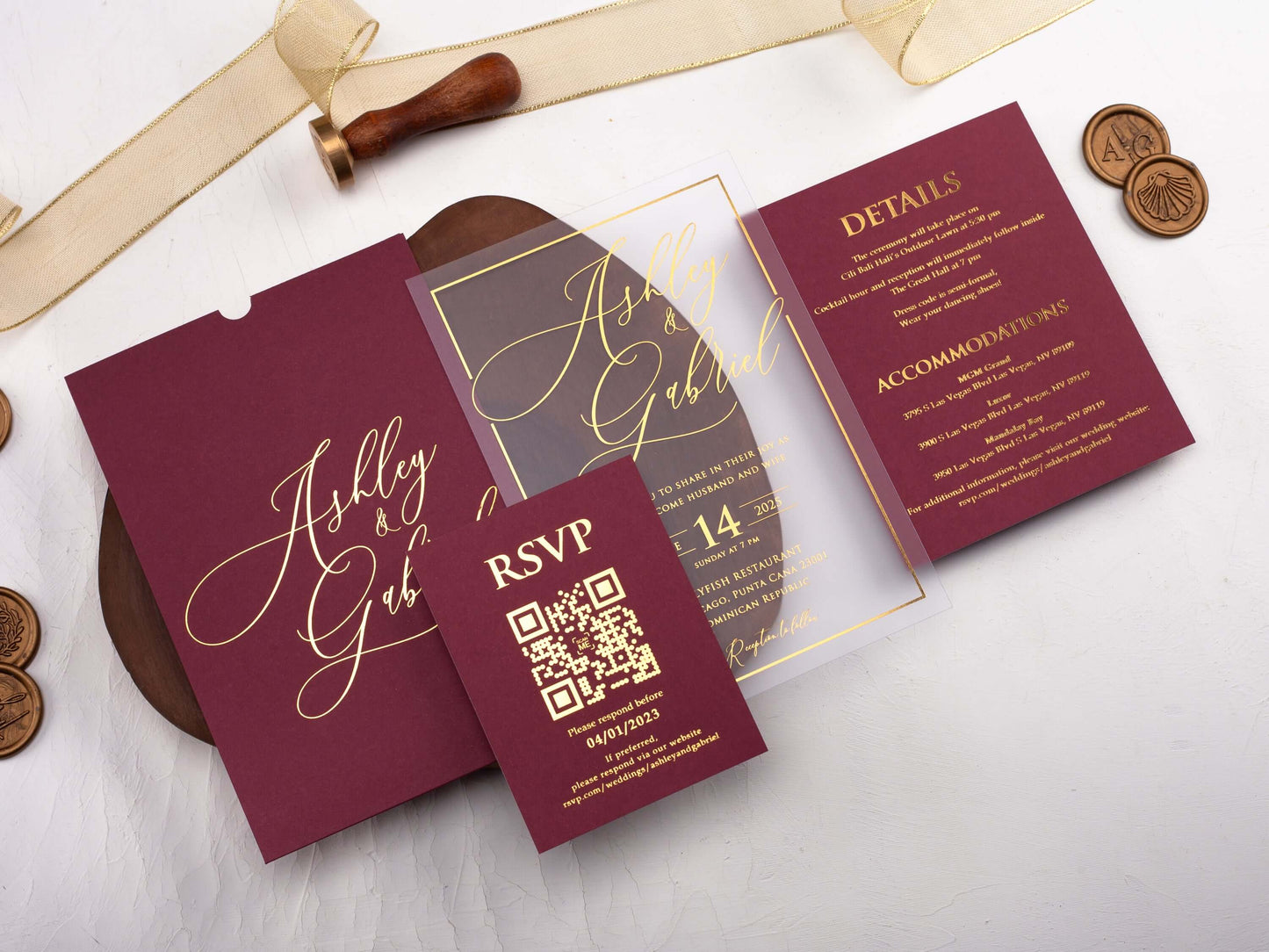 Elegant Acrylic Wedding Invitation with Burgundy Sleeve Envelope
