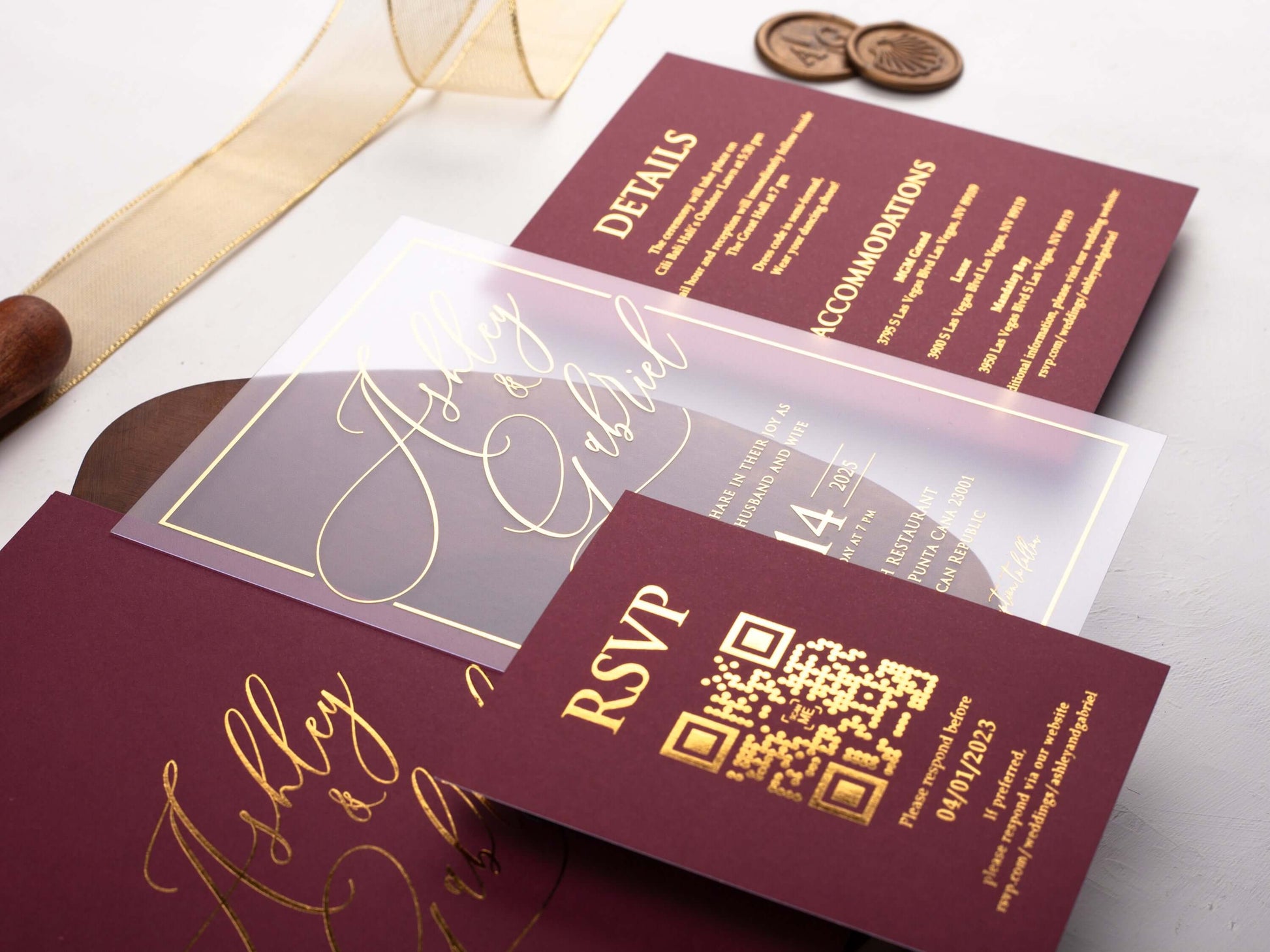 Elegant Acrylic Wedding Invitation with Burgundy Sleeve Envelope