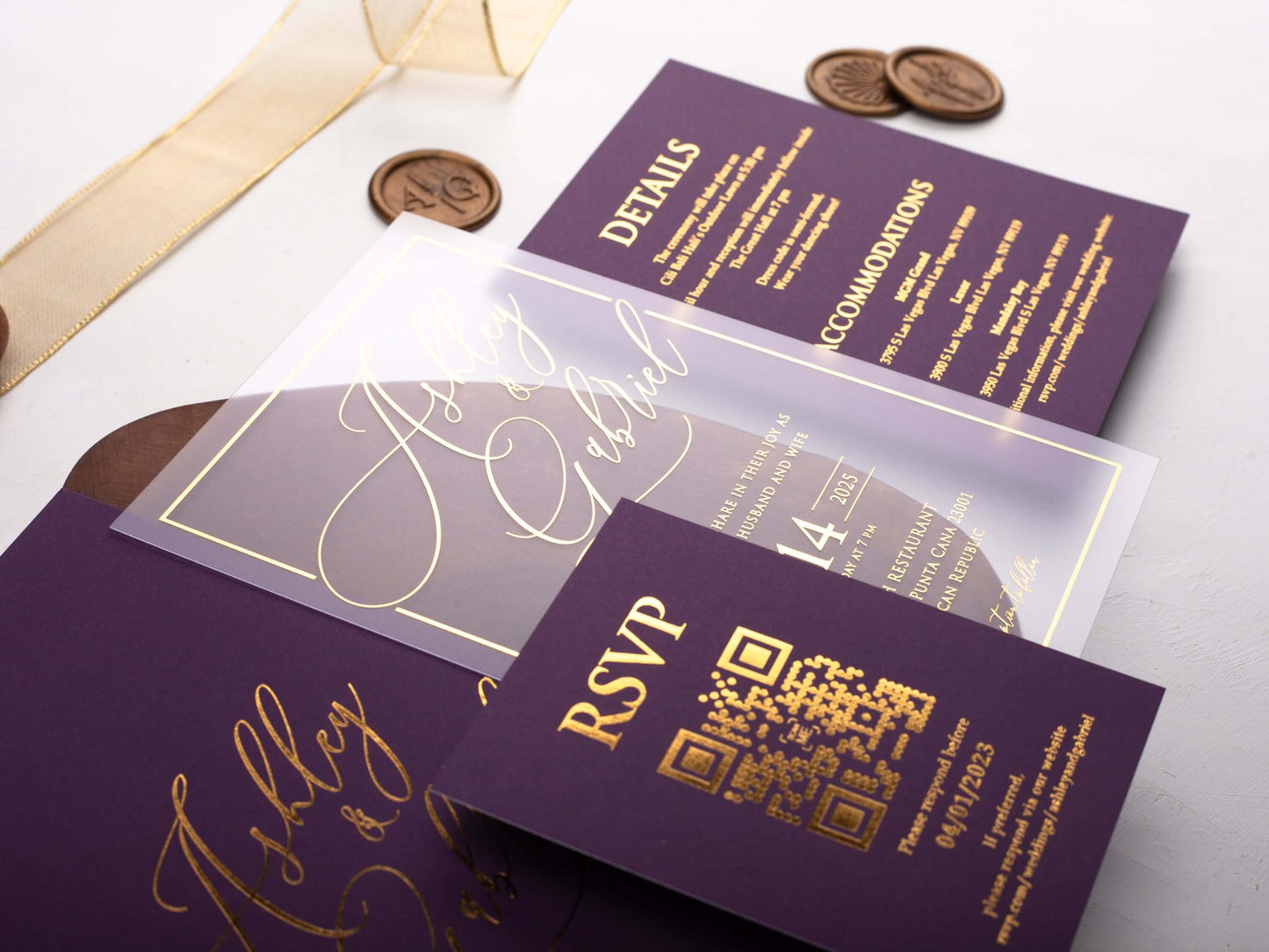 Gold Foil Printed Acrylic Wedding Invitation | Purple Envelope
