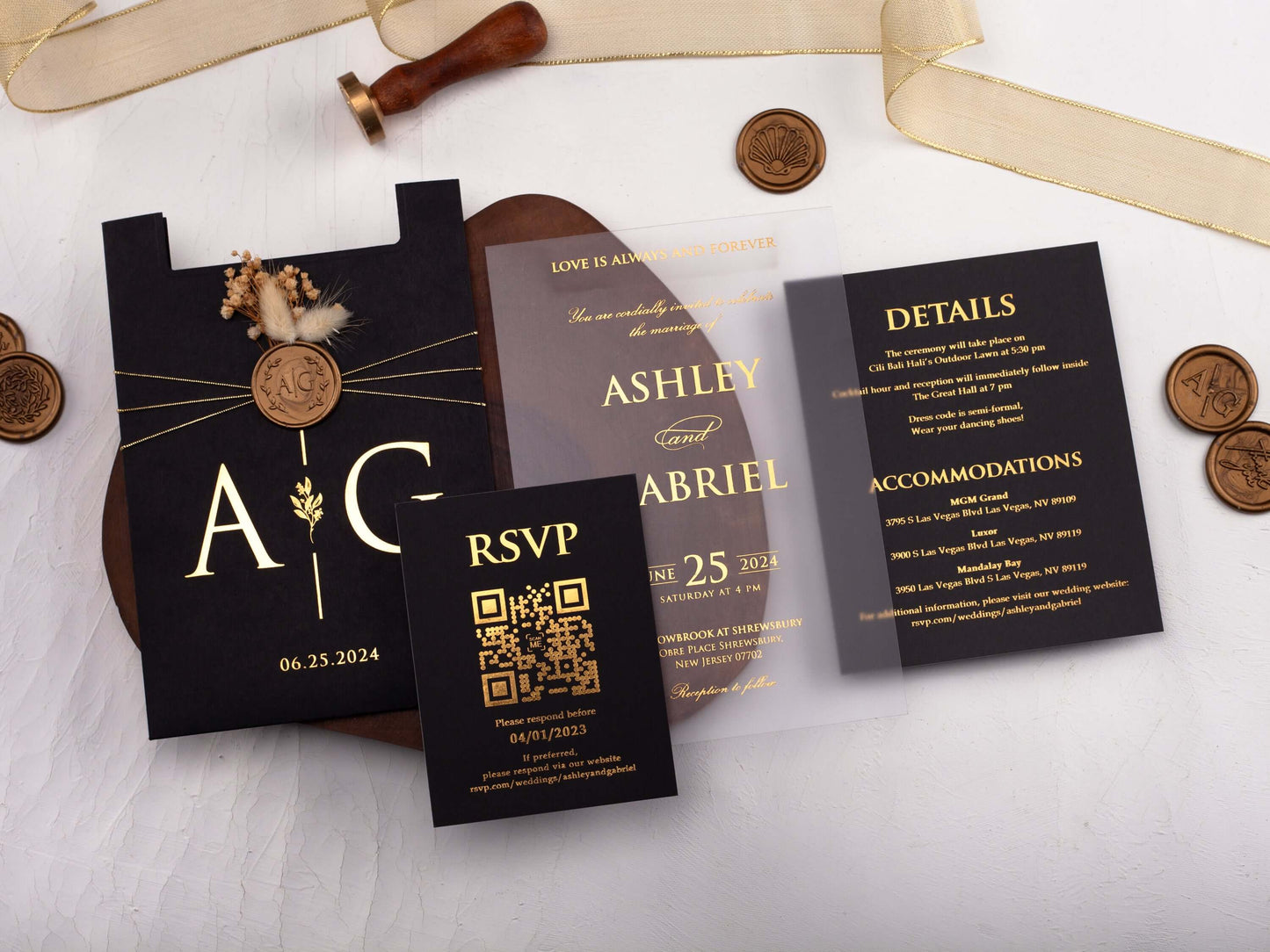Black Sleeve Envelope, Acrylic Wedding Invitation with Gold Foil Printing