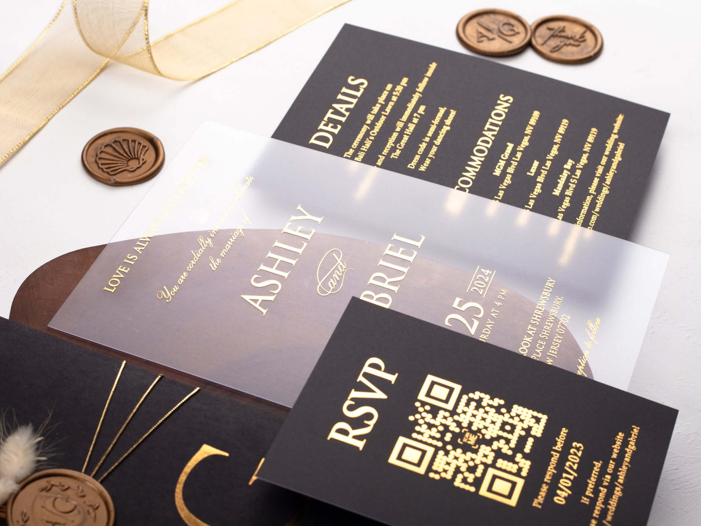 Black Sleeve Envelope, Acrylic Wedding Invitation with Gold Foil Printing
