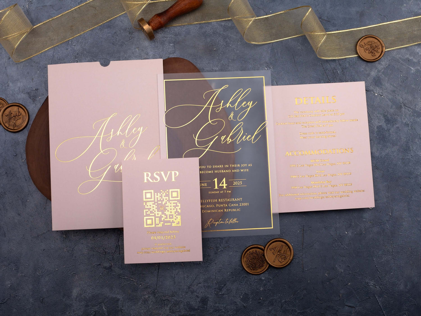 Gold Foil Printed Acrylic Wedding Invitation | Blush Pink Envelope