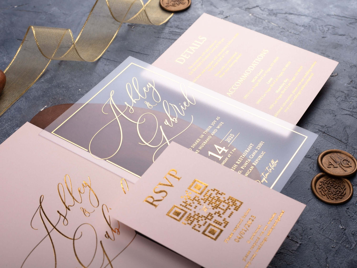 Gold Foil Printed Acrylic Wedding Invitation | Blush Pink Envelope