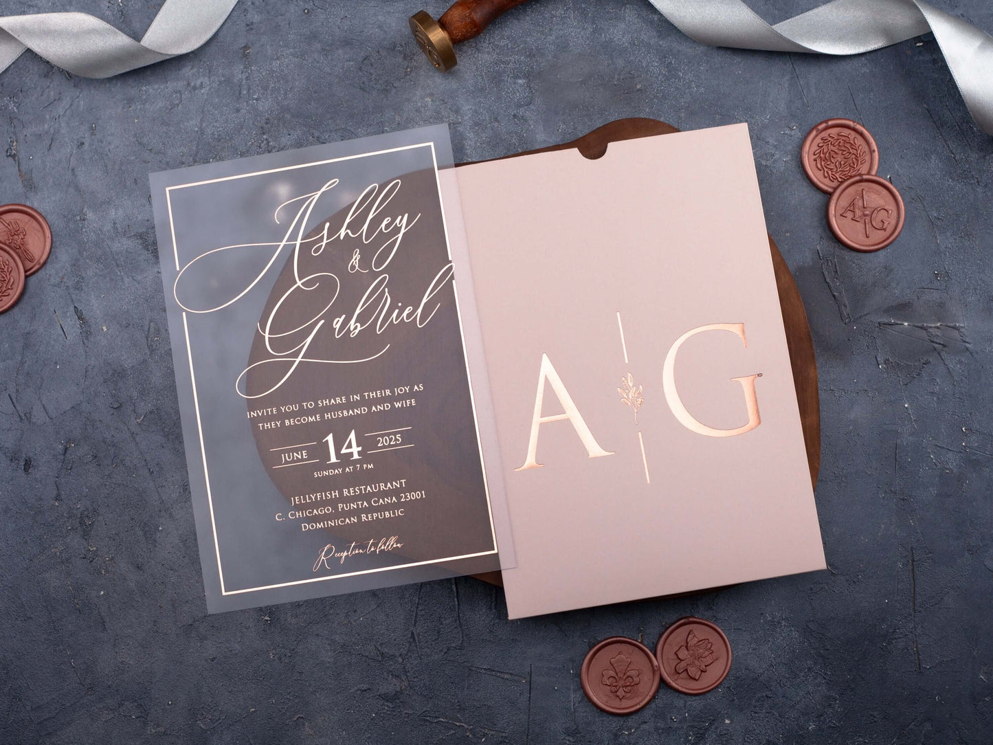 Rose Gold Foil Printed Acrylic Wedding Invitation | Blush Pink Envelope