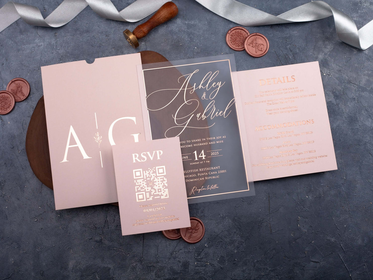 Rose Gold Foil Printed Acrylic Wedding Invitation | Blush Pink Envelope
