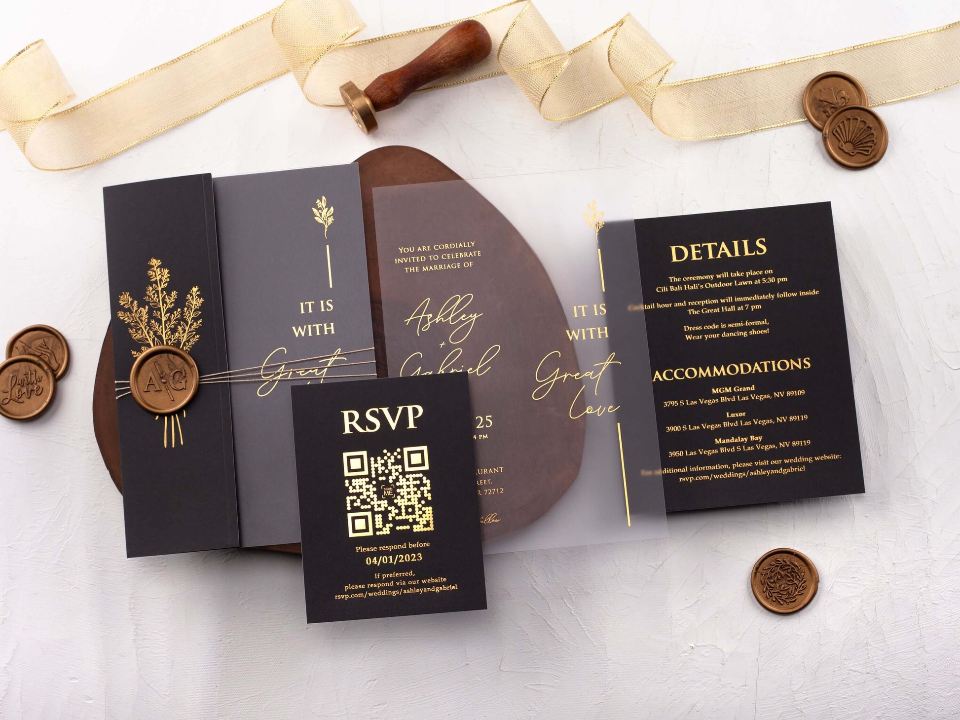 Gold Foiled Acrylic Invitations with Black Half Jackets