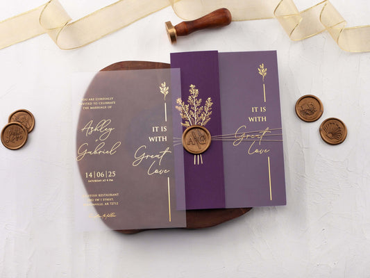 Gold Foiled Acrylic Invitations with Purple Half Jackets