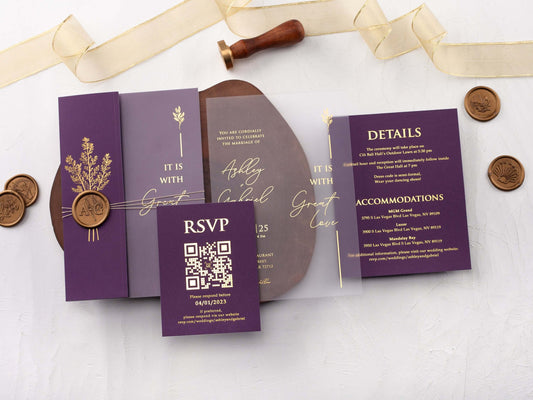 Gold Foiled Acrylic Invitations with Purple Half Jackets