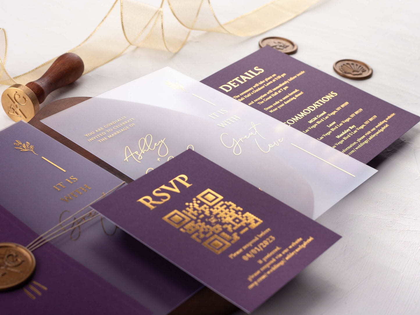 Gold Foiled Acrylic Invitations with Purple Half Jackets