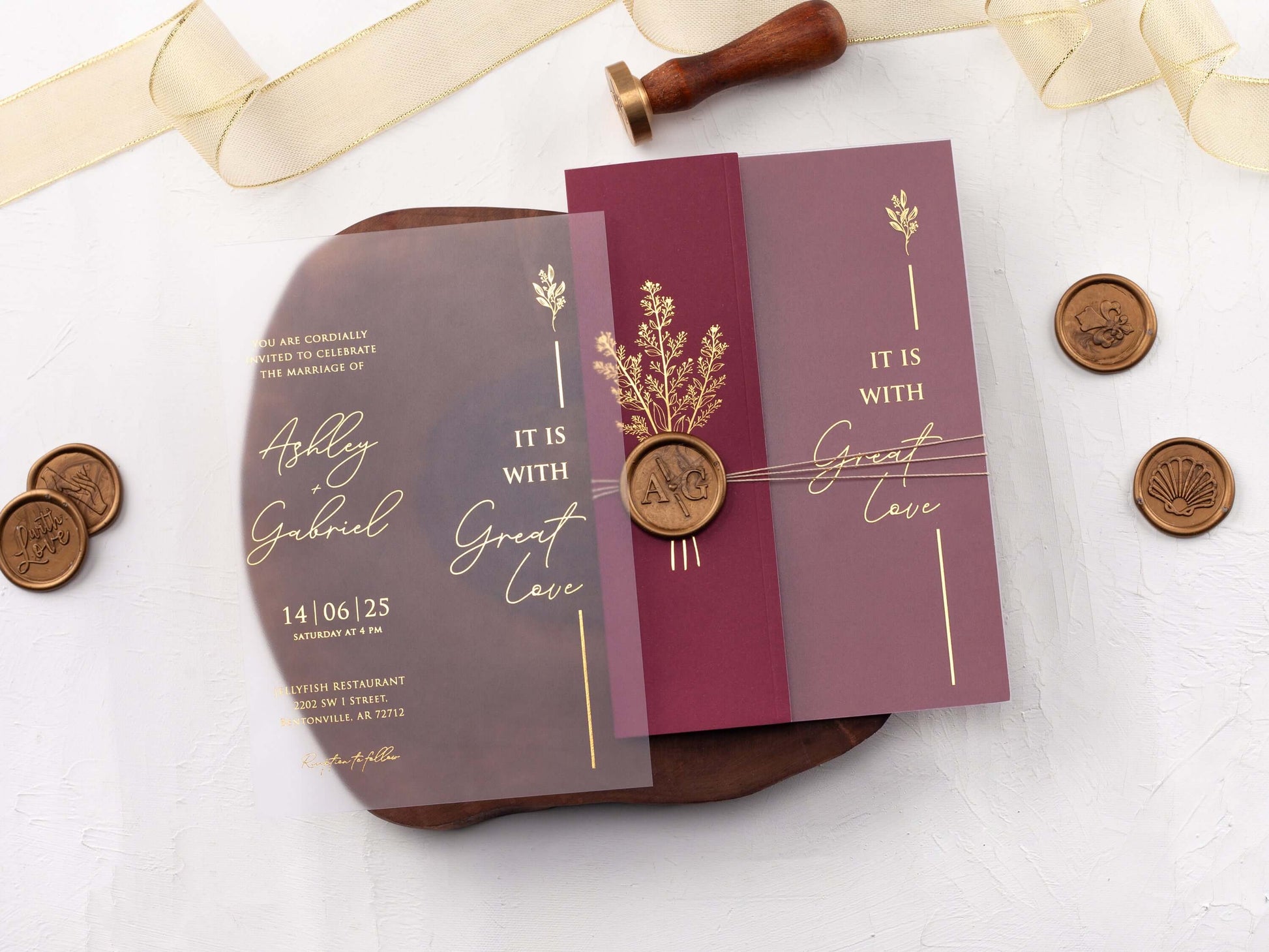 Gold Foiled Acrylic Invitations with Burgundy Half Jackets