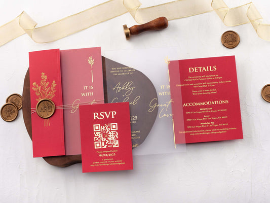 Gold Foiled Acrylic Invitations with Red Half Jackets