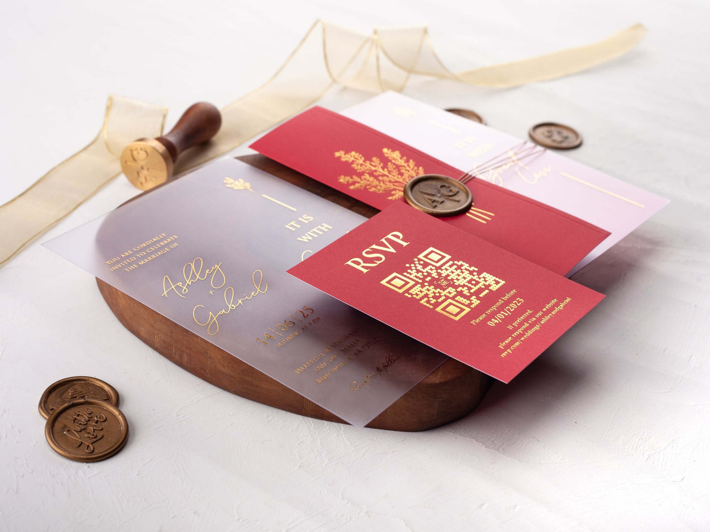 Gold Foiled Acrylic Invitations with Red Half Jackets