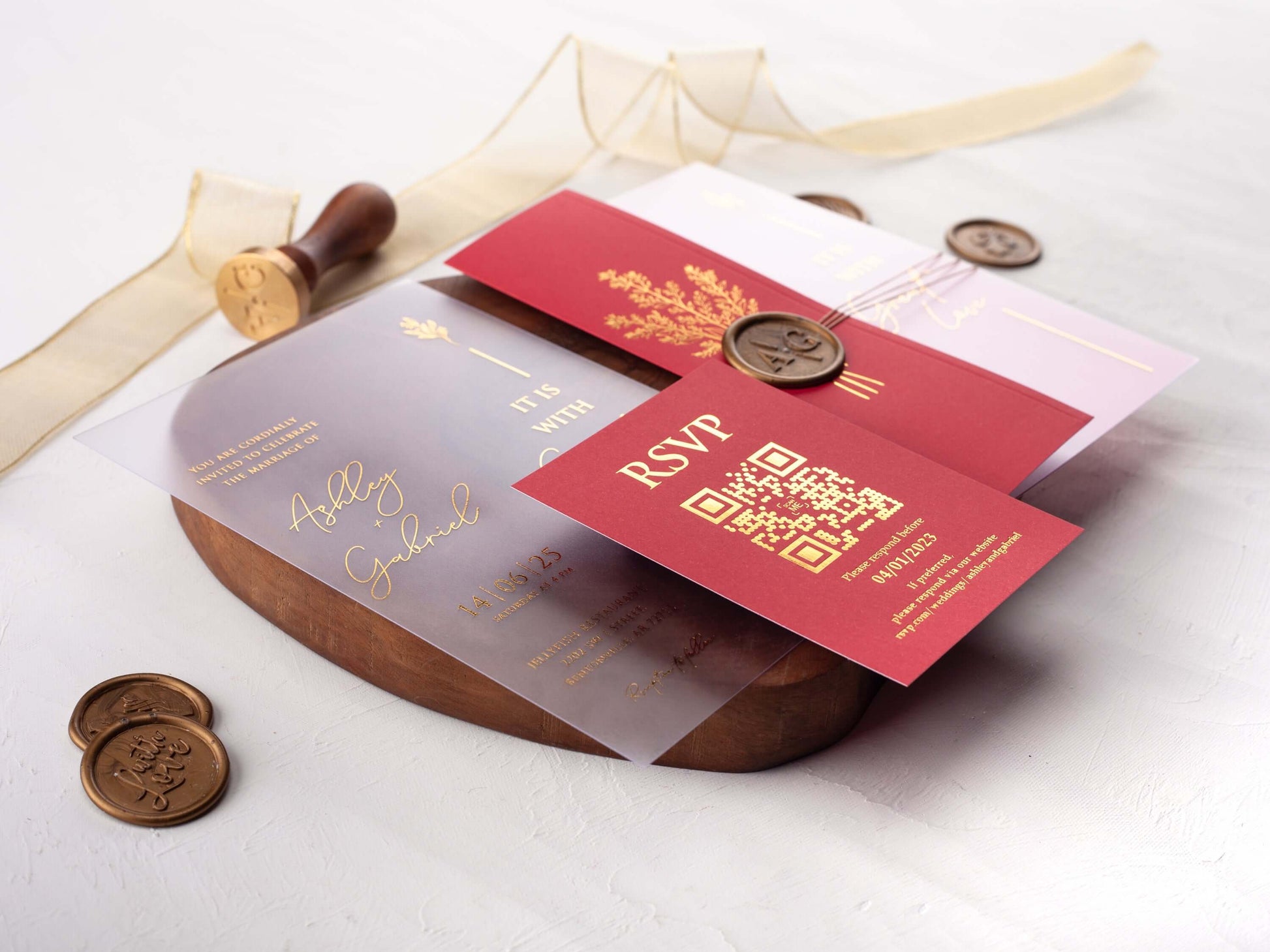 Gold Foiled Acrylic Invitations with Red Half Jackets