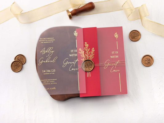Gold Foiled Acrylic Invitations with Red Half Jackets