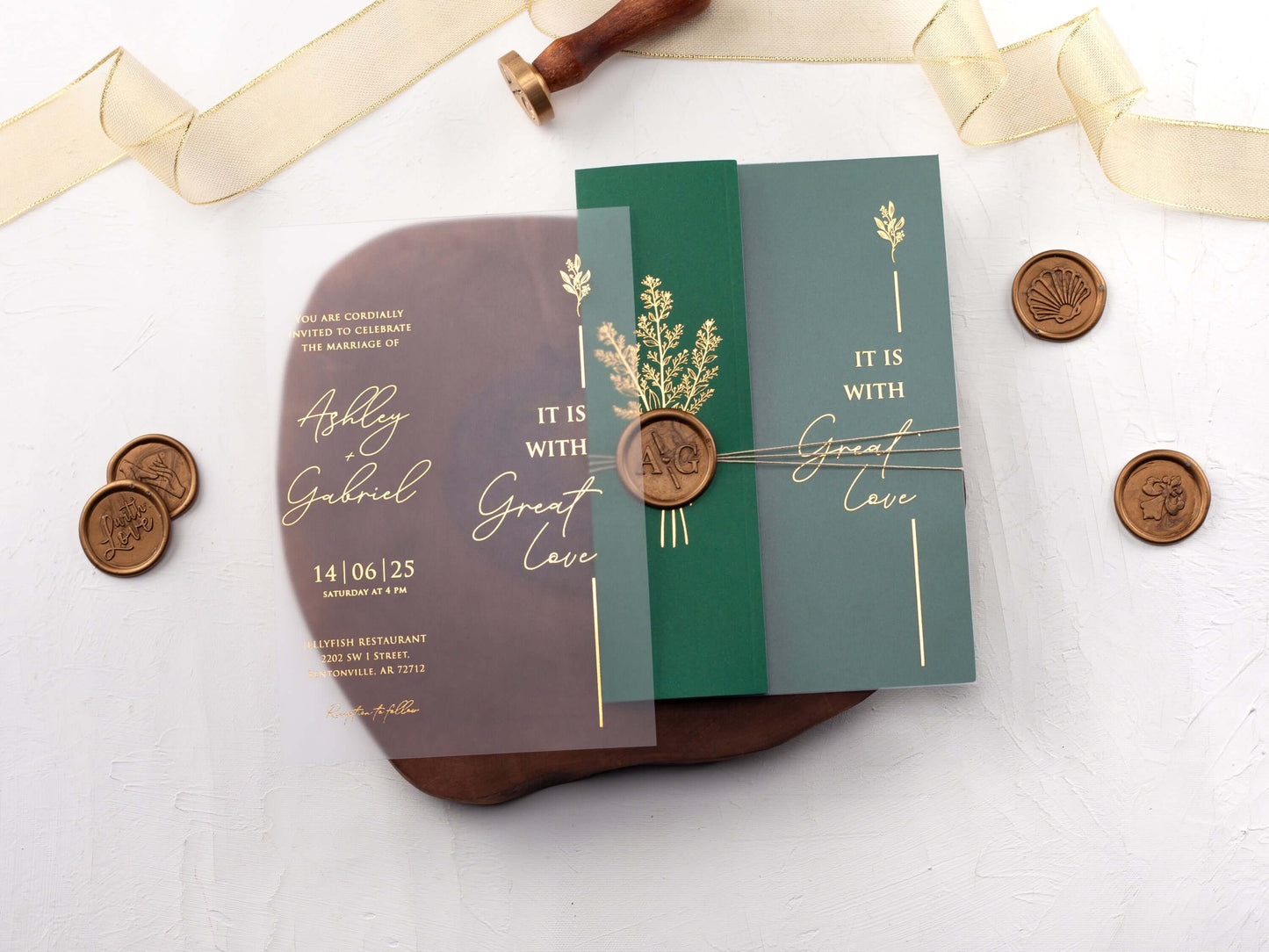Gold Foiled Acrylic Invitations with Emerald Green Half Jackets