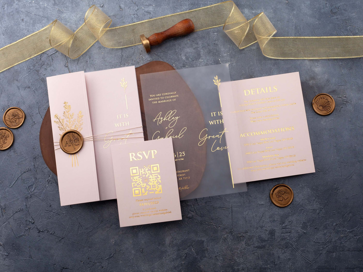 Gold Foiled Acrylic Invitations with Blush Pink Half Jackets