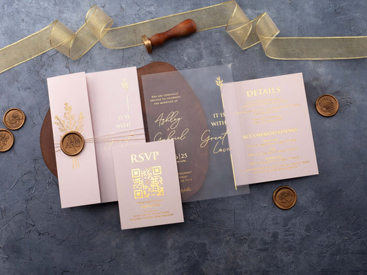 Gold Foiled Acrylic Invitations with Blush Pink Half Jackets