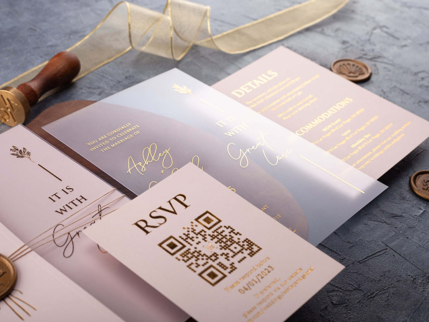 Gold Foiled Acrylic Invitations with Blush Pink Half Jackets