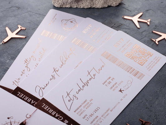 White Passport Wedding Invitations with Rose Gold Foil | Acrylic Plane Accessory