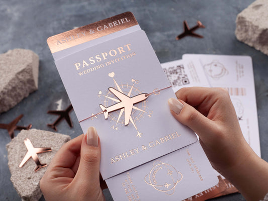 White Passport Wedding Invitations with Rose Gold Foil | Acrylic Plane Accessory