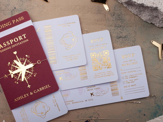 Luxury Passport Wedding Invitation with Gold Foil Boarding Pass and Acrylic Plane