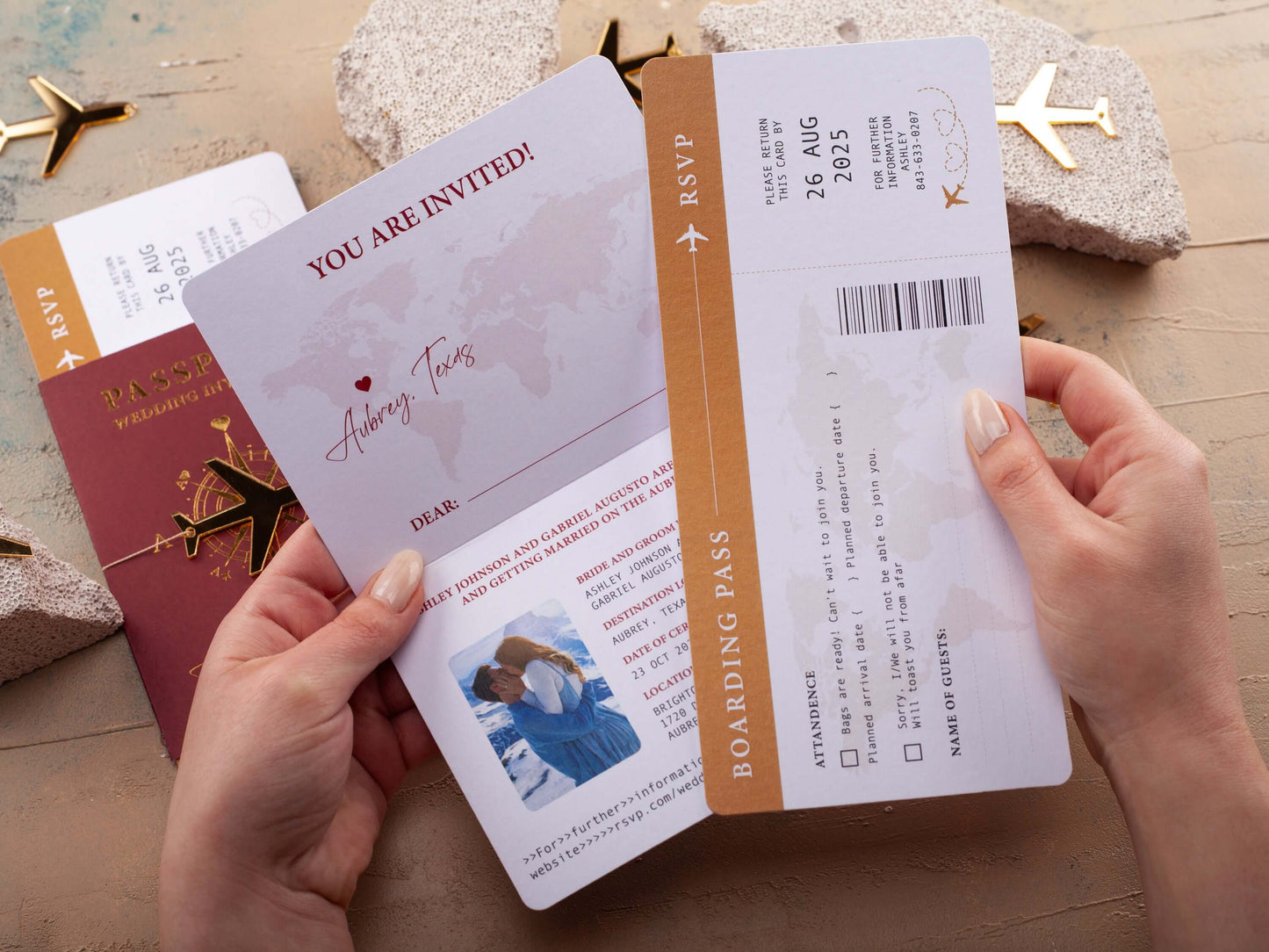 Burgundy and gold passport wedding invitation with photo and boarding pass design for destination wedding.
