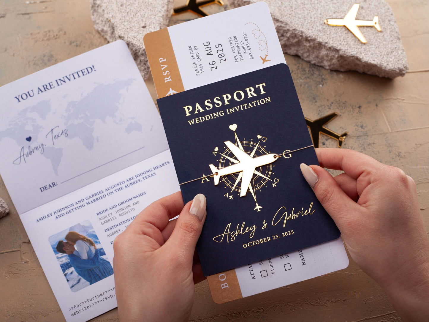 Navy Blue and Gold Destination Wedding Passport Invitation with Photo