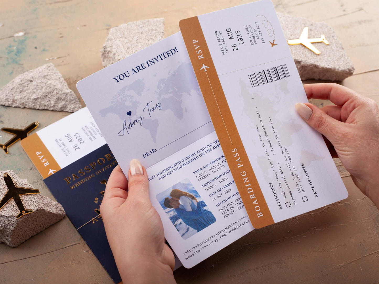 Navy Blue and Gold Destination Wedding Passport Invitation with Photo
