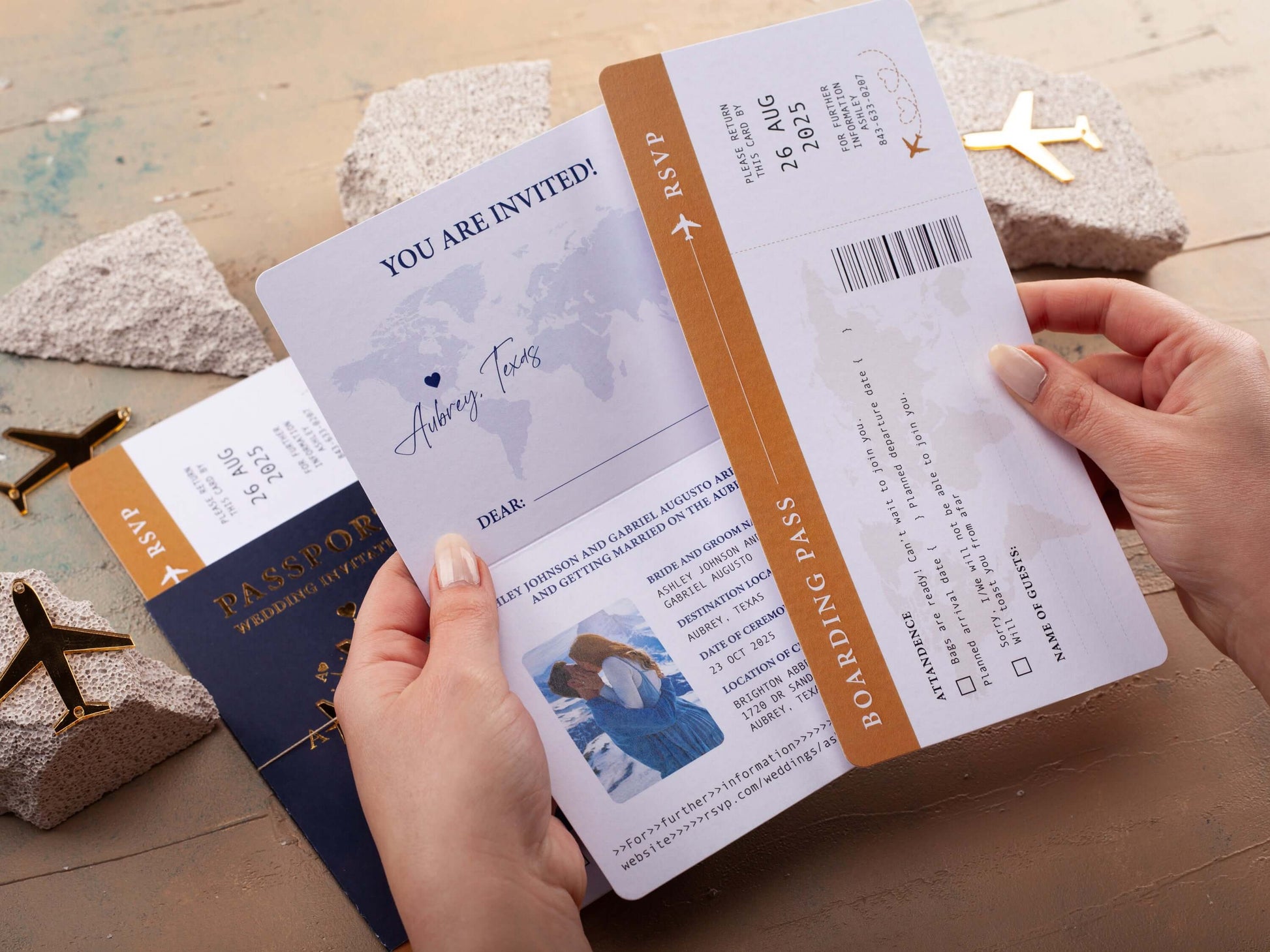 Navy Blue and Gold Destination Wedding Passport Invitation with Photo