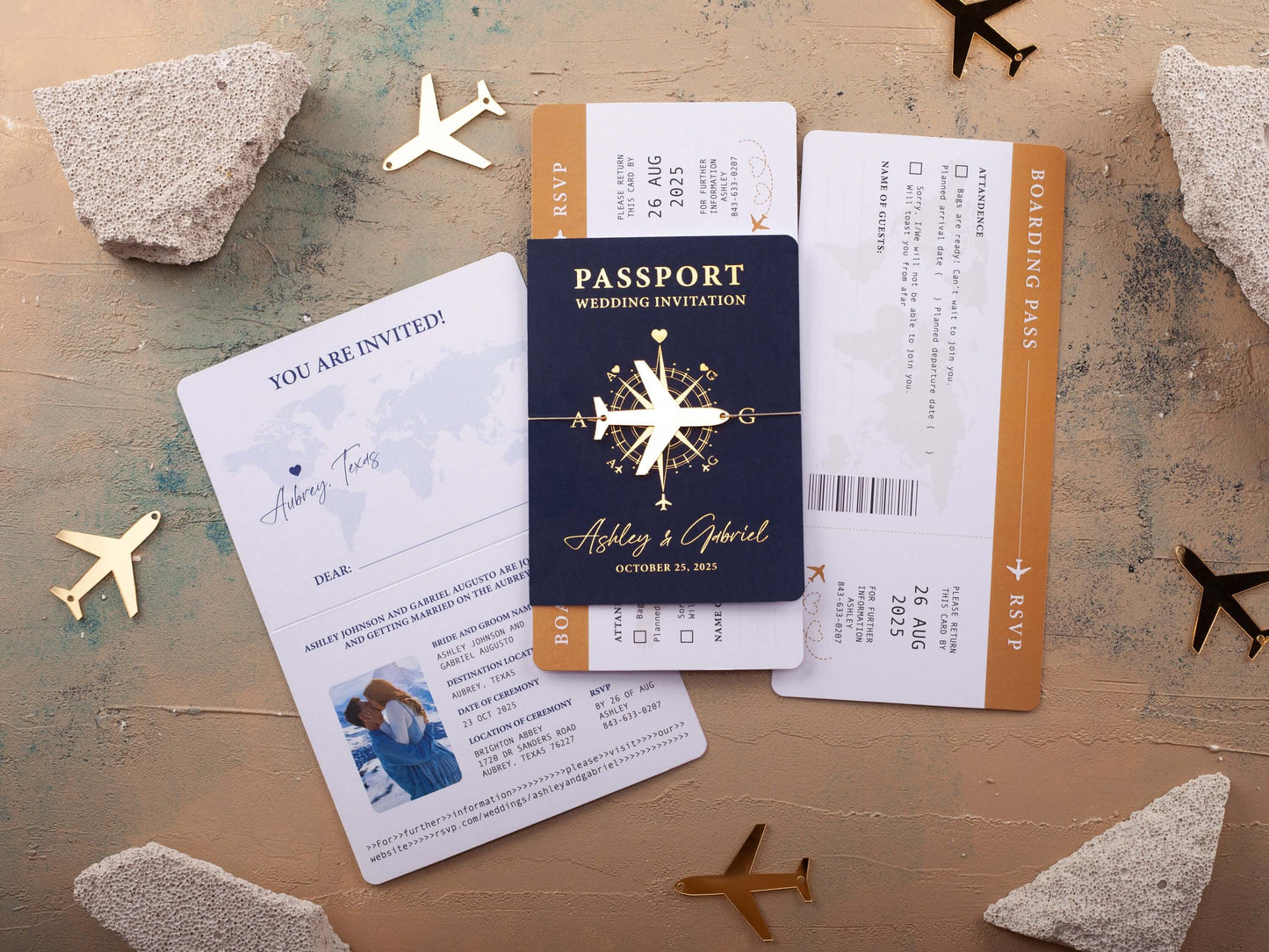 Navy Blue and Gold Destination Wedding Passport Invitation with Photo
