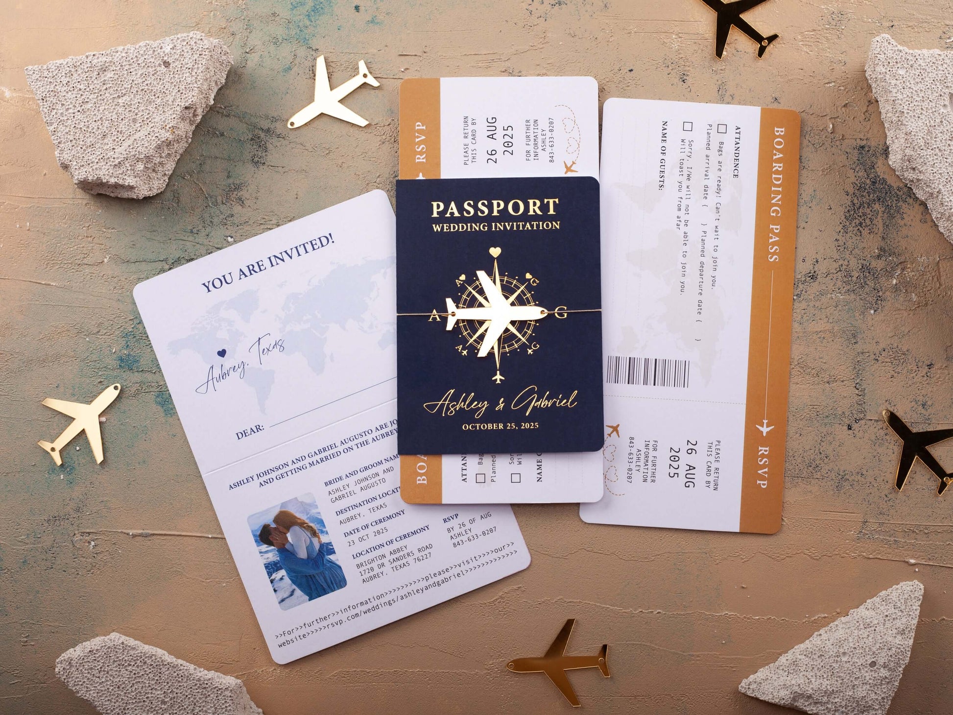 Navy Blue and Gold Destination Wedding Passport Invitation with Photo