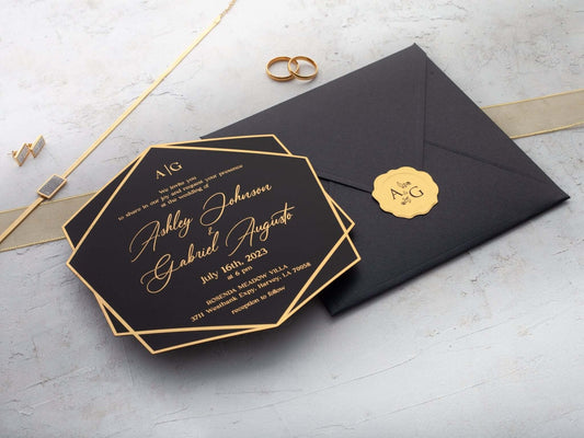 Black Acrylic Wedding Invitations with Gold Foil Accents