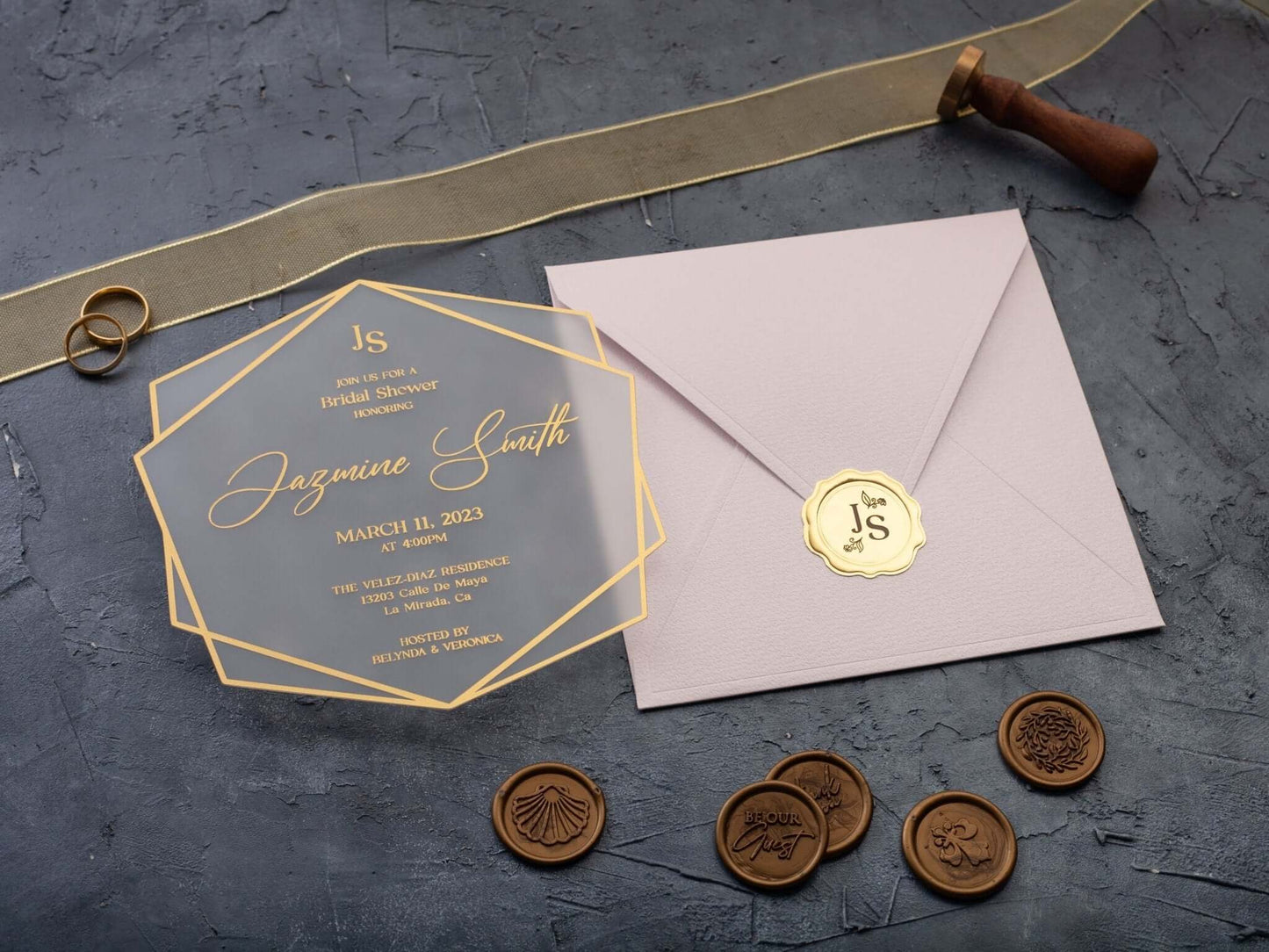 Bridal Shower Invitation with Acrylic Gold Foil and Pink Envelope