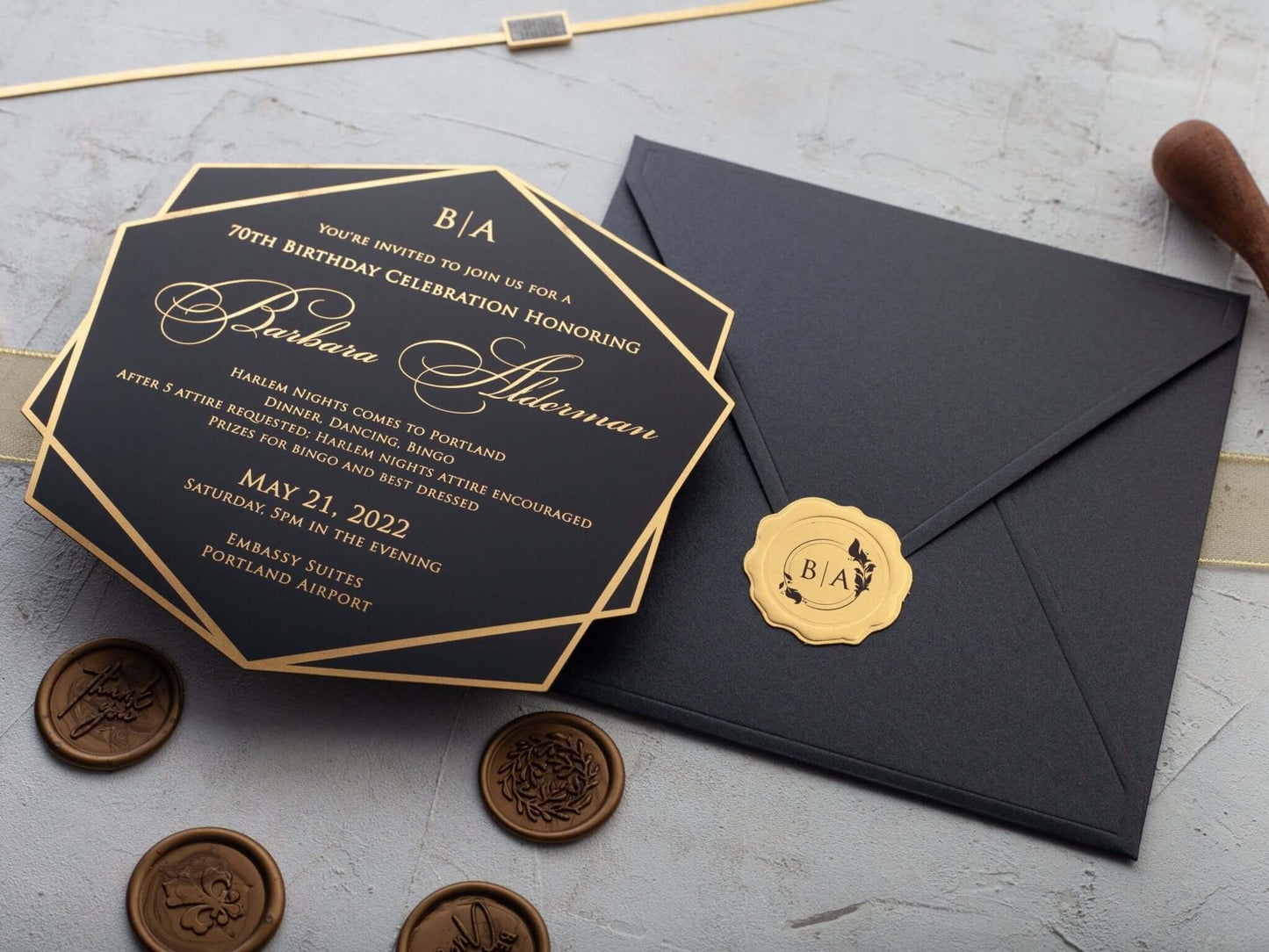Black and Gold Acrylic Birthday Invitations for Women and Men